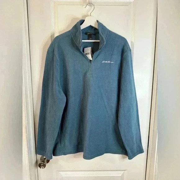 NWT Eddie Bauer Men’s Chambray Blue Polar Fleece 1/4 Zip Pullover Sweater XL - Picture 1 of 7